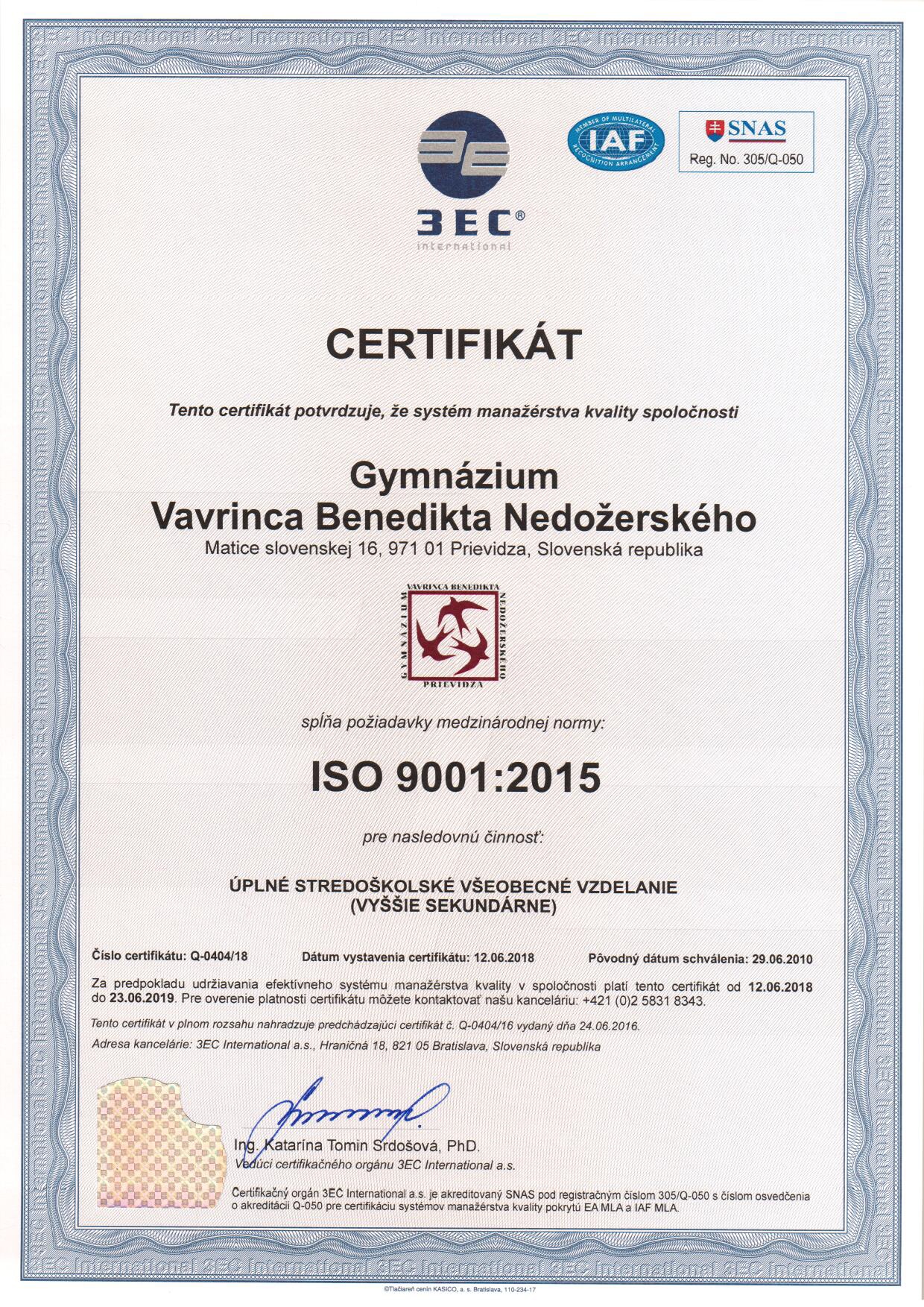 Certifikát kvality ISO 9001 : 2015