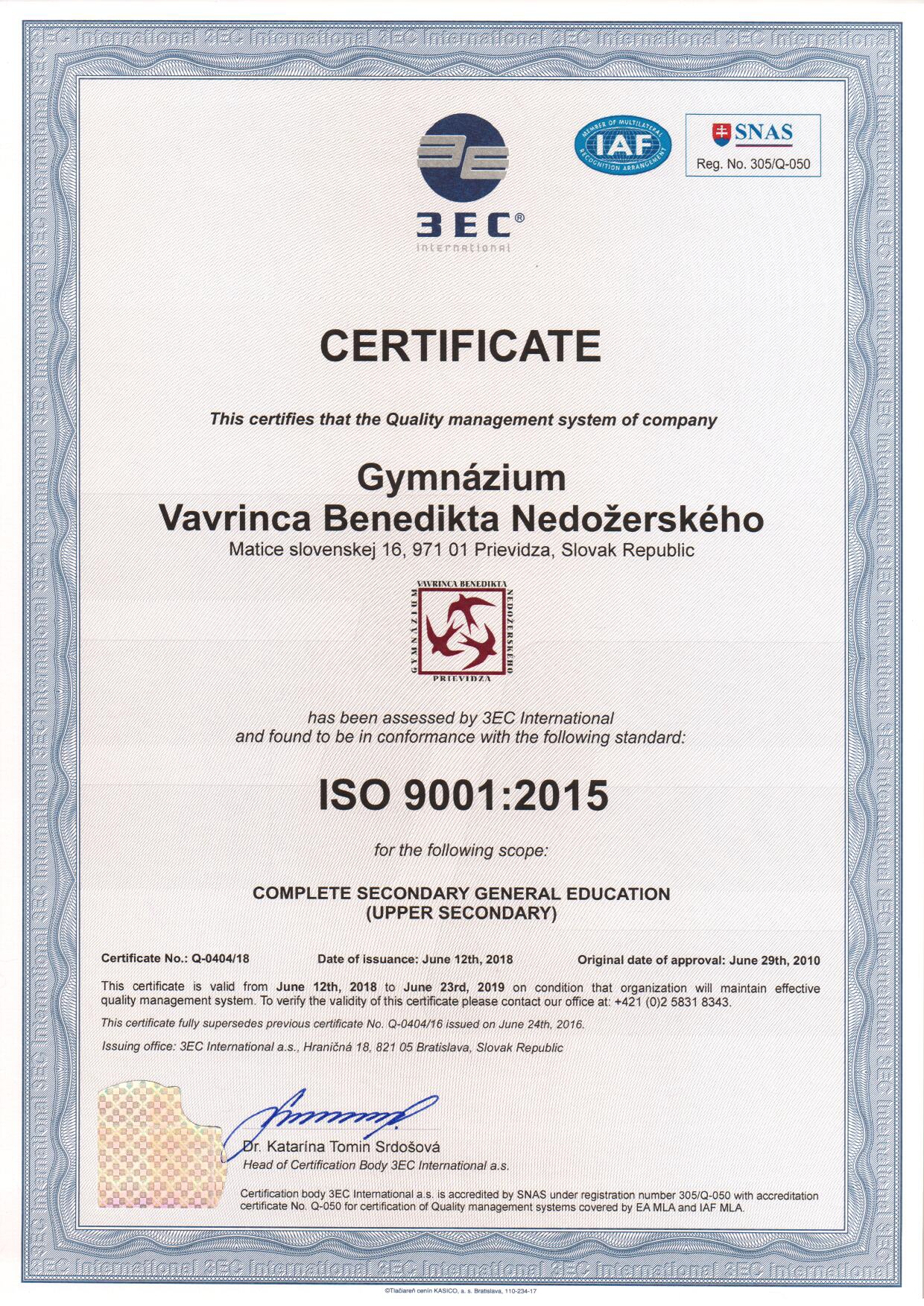 Certifikát kvality ISO 9001 : 2015 v anglickom jazyku